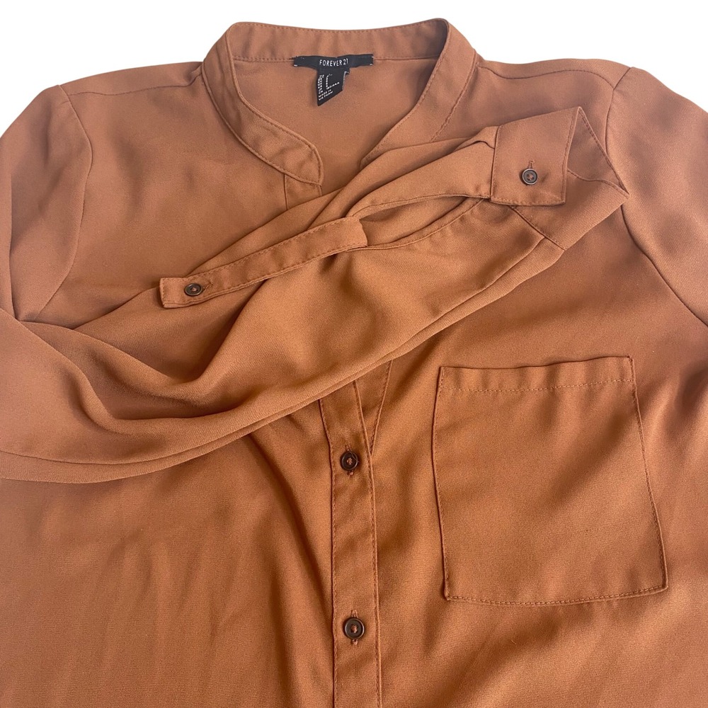 Forever 21 Button‎ Down Tunic Women Size S Brown Roll Tab Sleeve Mandarin Collar